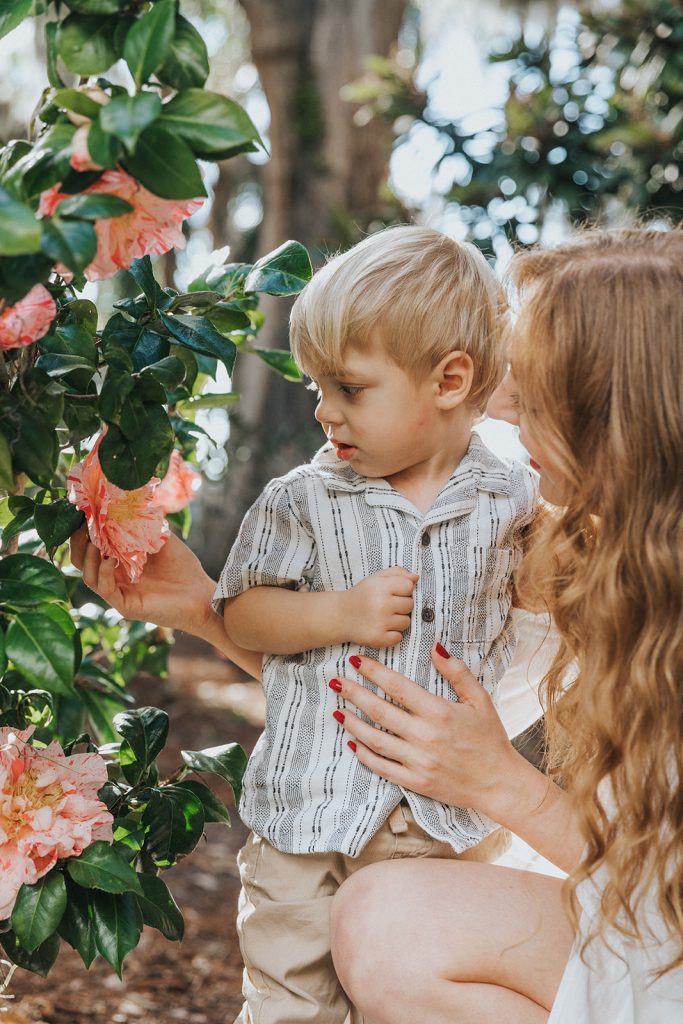 Natural mother and son portraits surrounded by lush greenery at Kraft Azalea Garden.